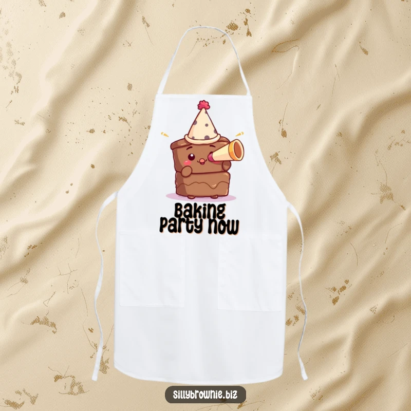 Funny apron showing a brownie character in a tiny party hat blowing a miniature horn, perfect for a festive kitchen.