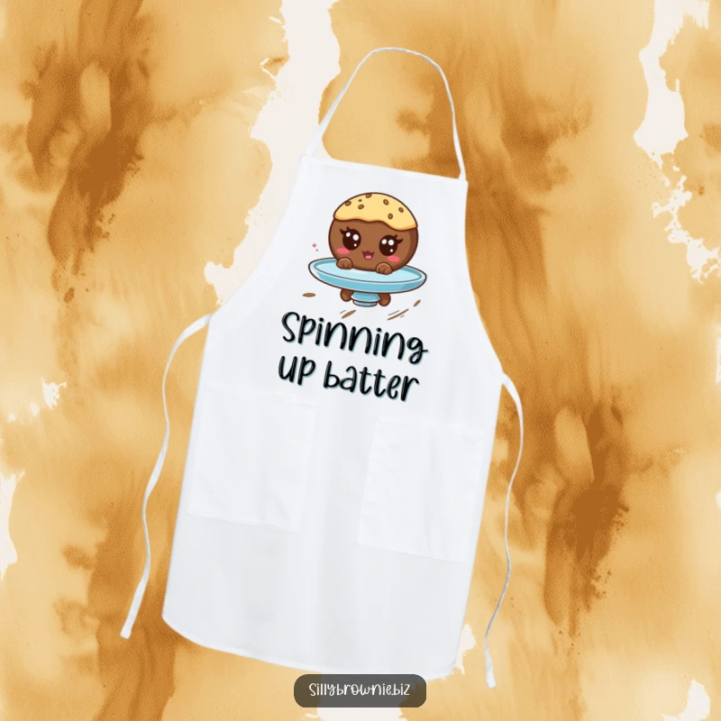 Funny apron showing a round brownie character with googly eyes spinning on a plate, perfect for a humorous kitchen.