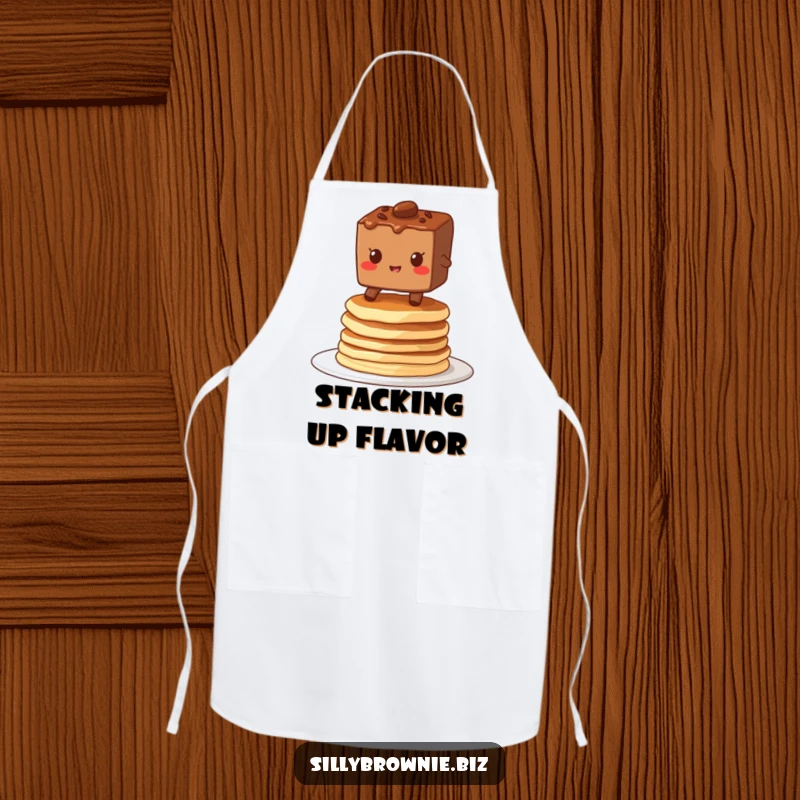 Funny apron showing a brownie character grinning while balancing on a wobbly stack of pancakes, perfect for a humorous kitchen.