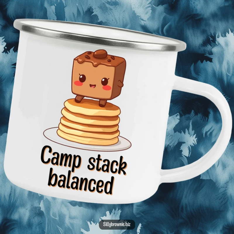 Funny camping mug featuring a brownie character grinning while balancing on a wobbly stack of pancakes, perfect for outdoor breakfast.
