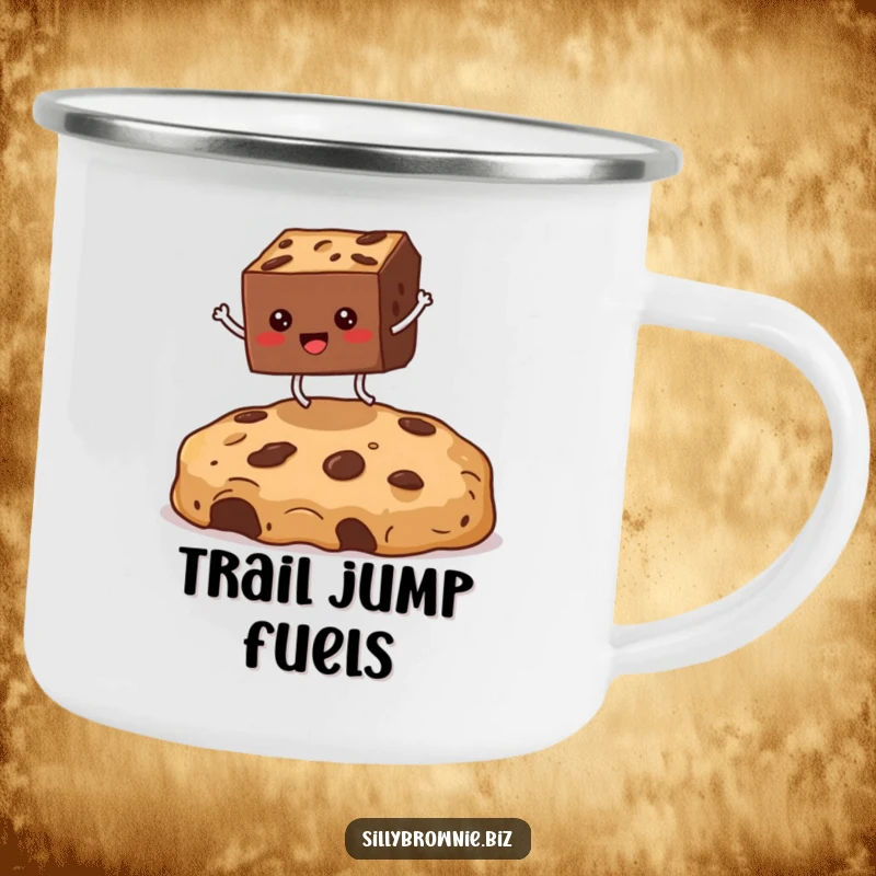 Funny camping mug featuring a square brownie character with legs enthusiastically jumping over a huge cookie crumb, for outdoor fun.
