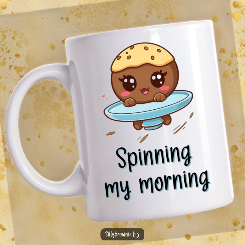 Funny mug featuring a round brownie character with googly eyes spinning on a plate, depicting joyful, dizzy fun.