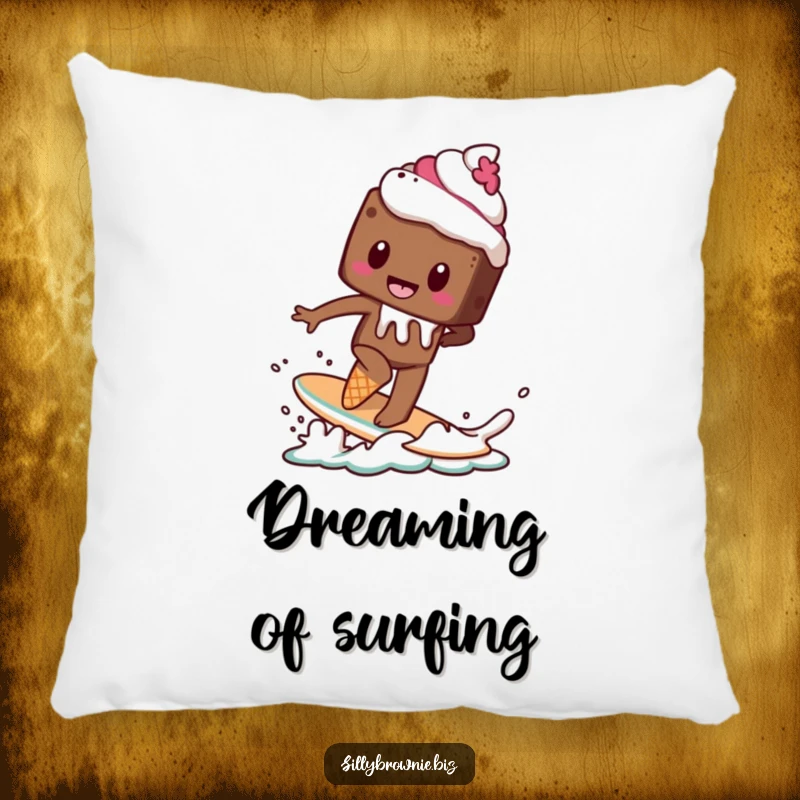 Funny pillow with a brownie character attempting to surf on a melting ice cream cone, adding a touch of sweet adventure.