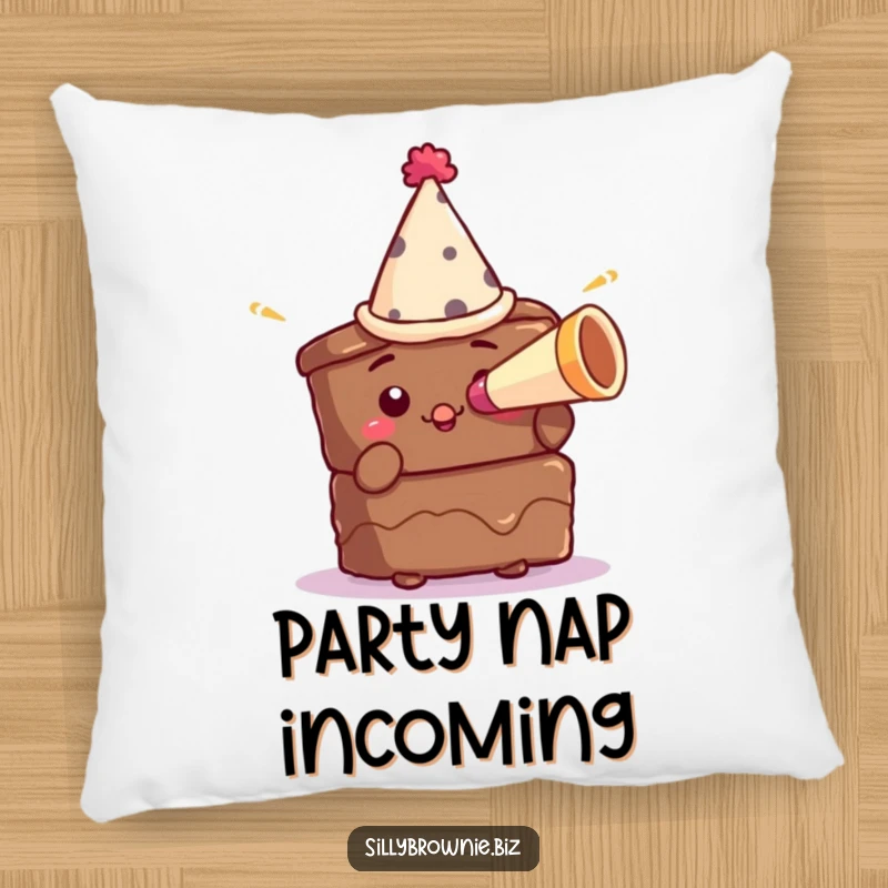 Funny pillow with a brownie character in a tiny party hat blowing a miniature horn, adding a touch of festive fun.