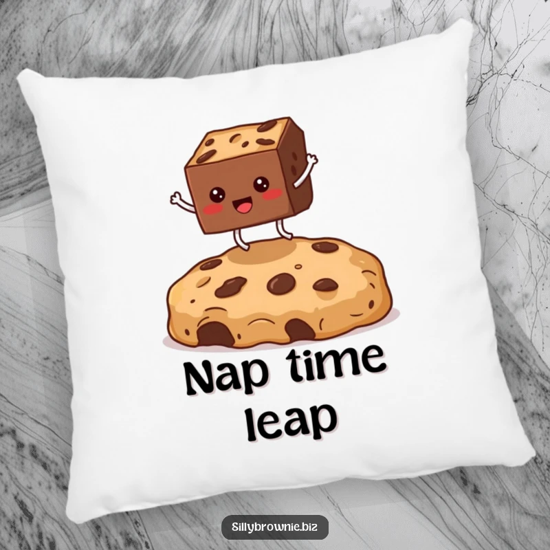 Funny pillow with a square brownie character with legs joyfully jumping over a huge cookie crumb, adding a touch of whimsy.