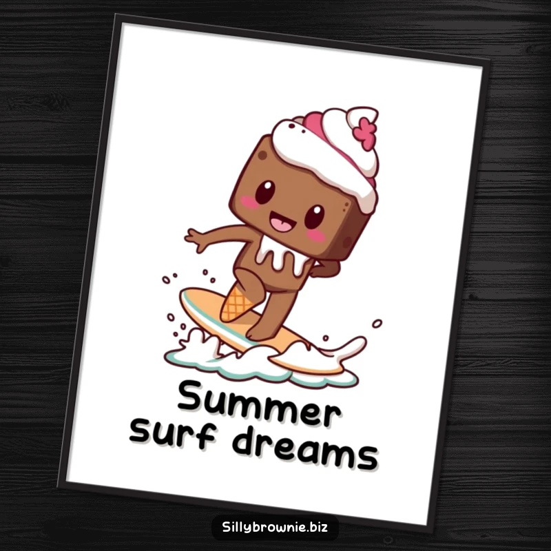 Funny digital art of a brownie character attempting to surf on a melting ice cream cone, capturing sweet, daring action.