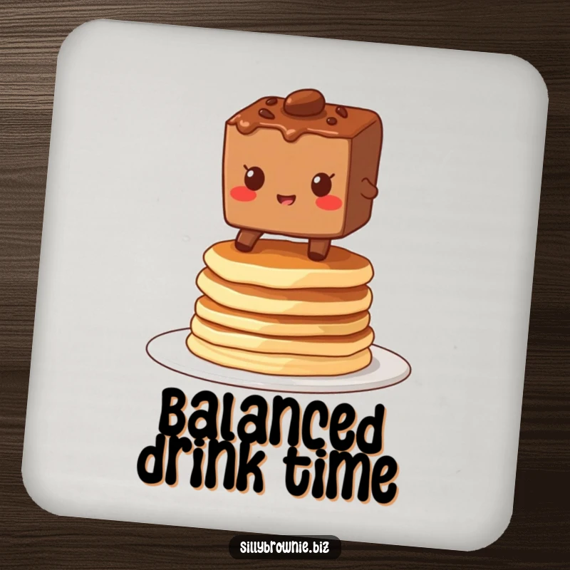 Funny drink coaster with a brownie character grinning while balancing on a stack of wobbly pancakes, adding a touch of breakfast fun.