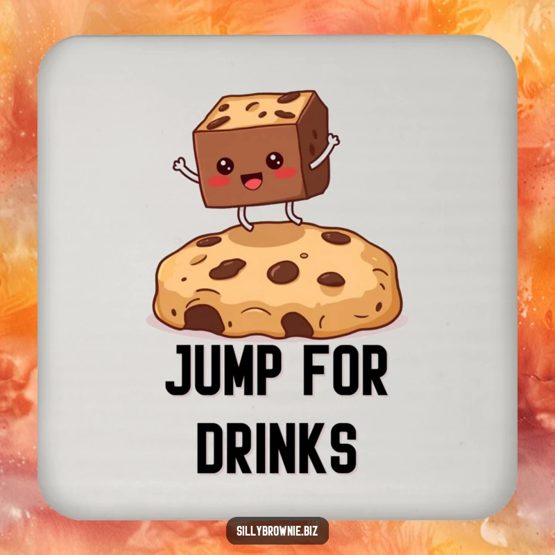 Funny drink coaster with a square brownie character with tiny legs jumping over a large cookie crumb, adding a humorous touch.