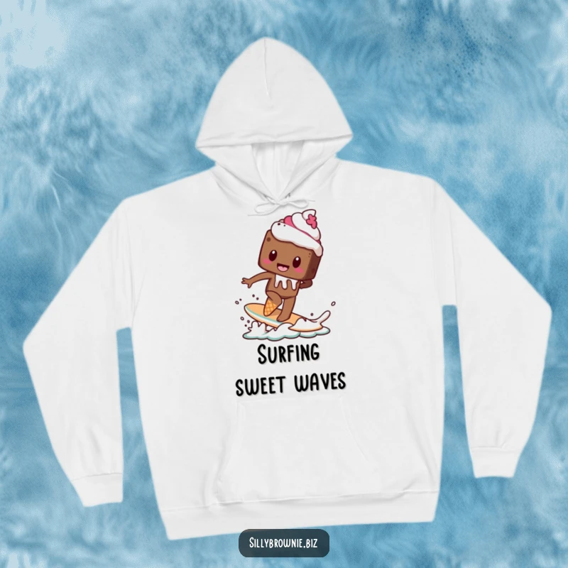 Funny hoodie depicting a brownie character attempting to surf on a melting ice cream cone, perfect for a sweet adventure.