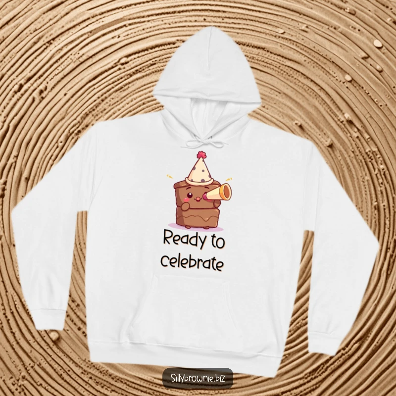 Funny hoodie depicting a brownie character wearing a small party hat and blowing a miniature horn, perfect for festive occasions.