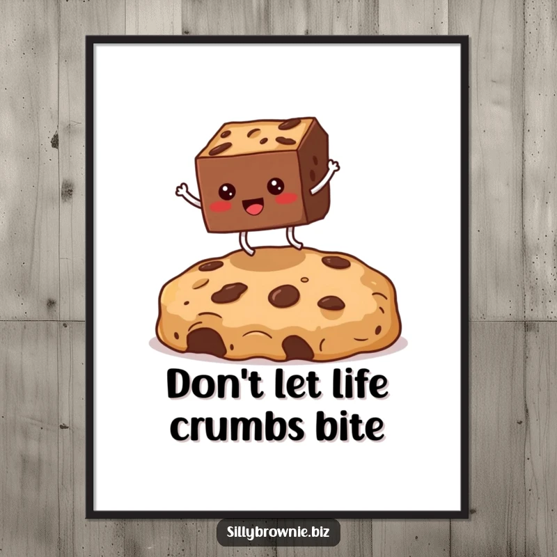 Funny Free Printable Wall Art: A square brownie with tiny legs joyfully jumping high over an enormous cookie crumb.