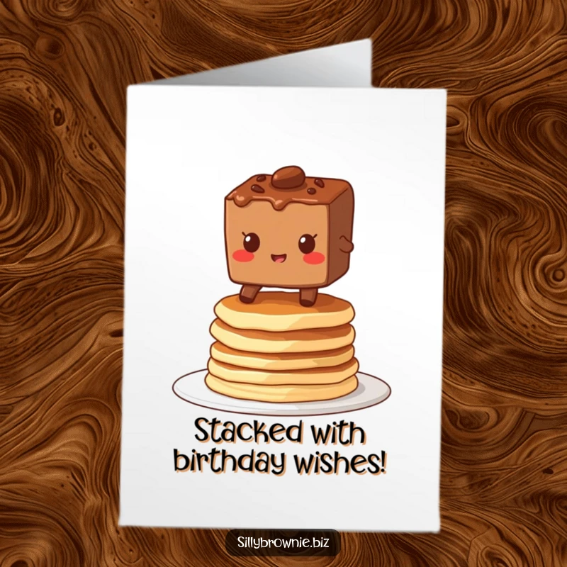 Funny Free Printable Birthday Card: Brownie character balances with a grin on a wobbly stack of pancakes, celebrating.