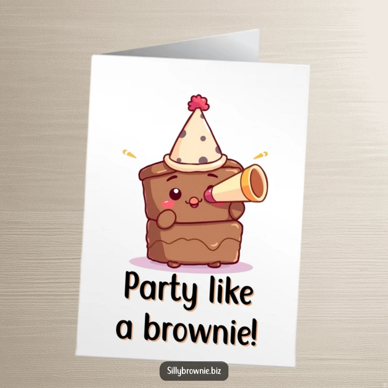 Funny Free Printable Birthday Card: Brownie in a party hat blows a tiny party horn, ready to celebrate a birthday.