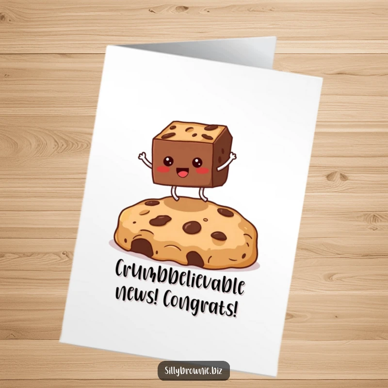 Funny Free Printable Congratulations Card: Square brownie with legs leaping over a massive cookie crumb, symbolizing achievement.