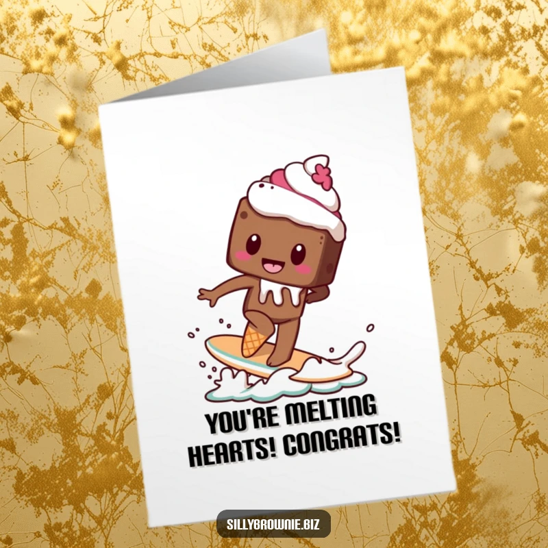 Funny Free Printable Congratulations Card: A brownie character surfs precariously on a melting ice cream cone, symbolizing a sweet win.