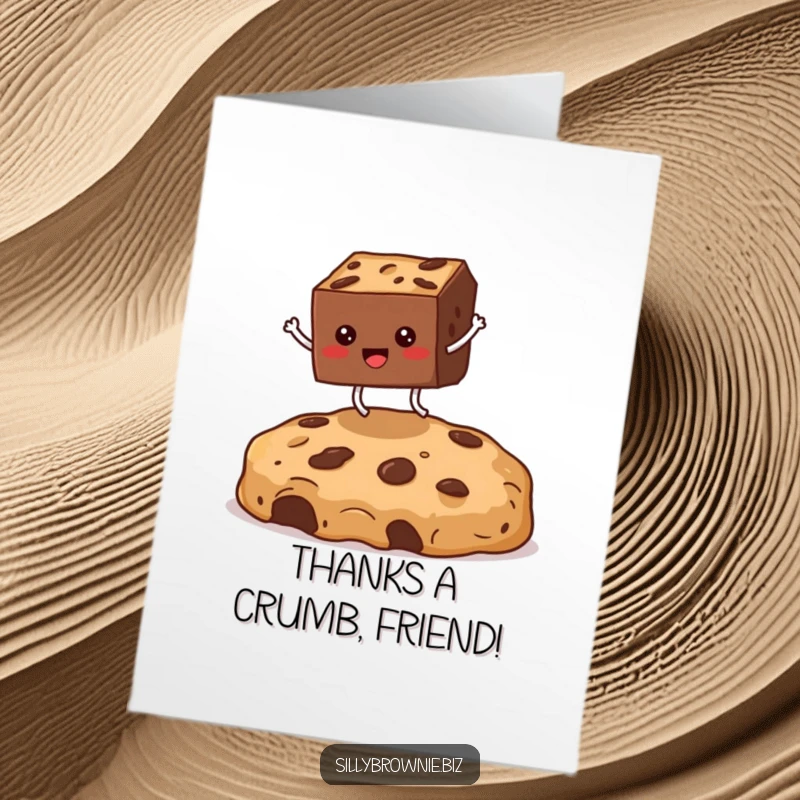 Funny Free Printable Thank You Card: Square brownie with small legs jumping high over a big cookie crumb, expressing thanks.
