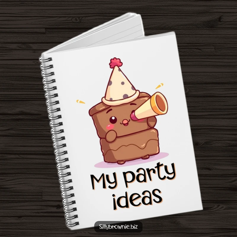 Funny notebook with a brownie character in a tiny party hat blowing a miniature horn, great for party planning notes.