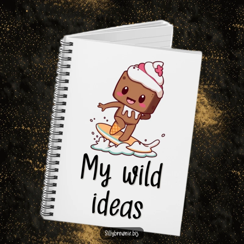 Funny notebook with a brownie character attempting to surf on a melting ice cream cone, great for jotting down adventurous ideas.