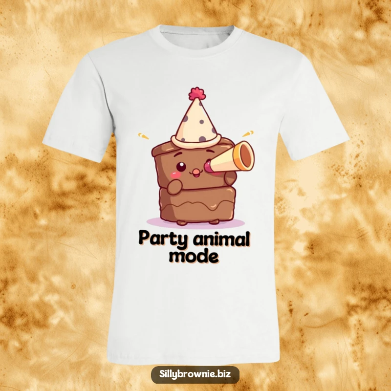 Funny t-shirt with a brownie character in a tiny party hat blowing a miniature horn, radiating birthday and party enthusiasm.