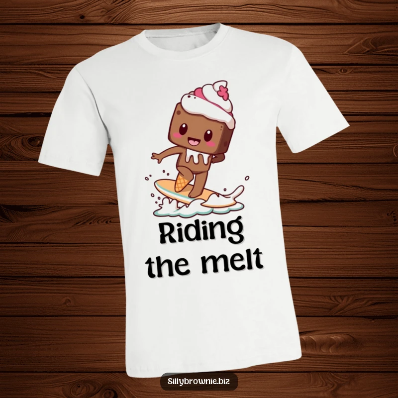 Funny t-shirt showing a brownie character bravely surfing on a melting ice cream cone, capturing a moment of sweet, hilarious action.