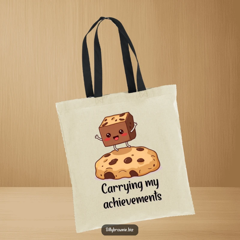 Funny tote bag showcasing a square brownie with tiny legs leaping over a huge cookie crumb, perfect for carrying groceries humorously.