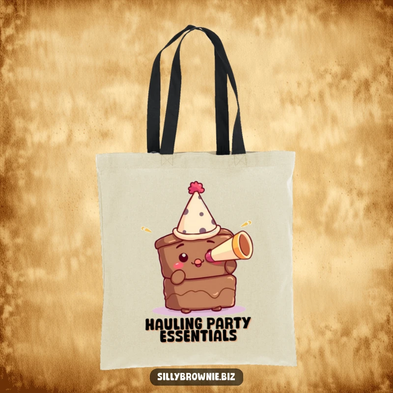 Funny tote bag featuring a brownie character in a tiny party hat blowing a miniature horn, ideal for carrying party supplies.